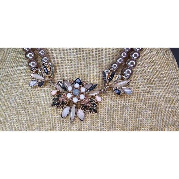 The Limited Pearl & Rhinestone Floral Double Strand Statement Necklace 18"L - Picture 2 of 5